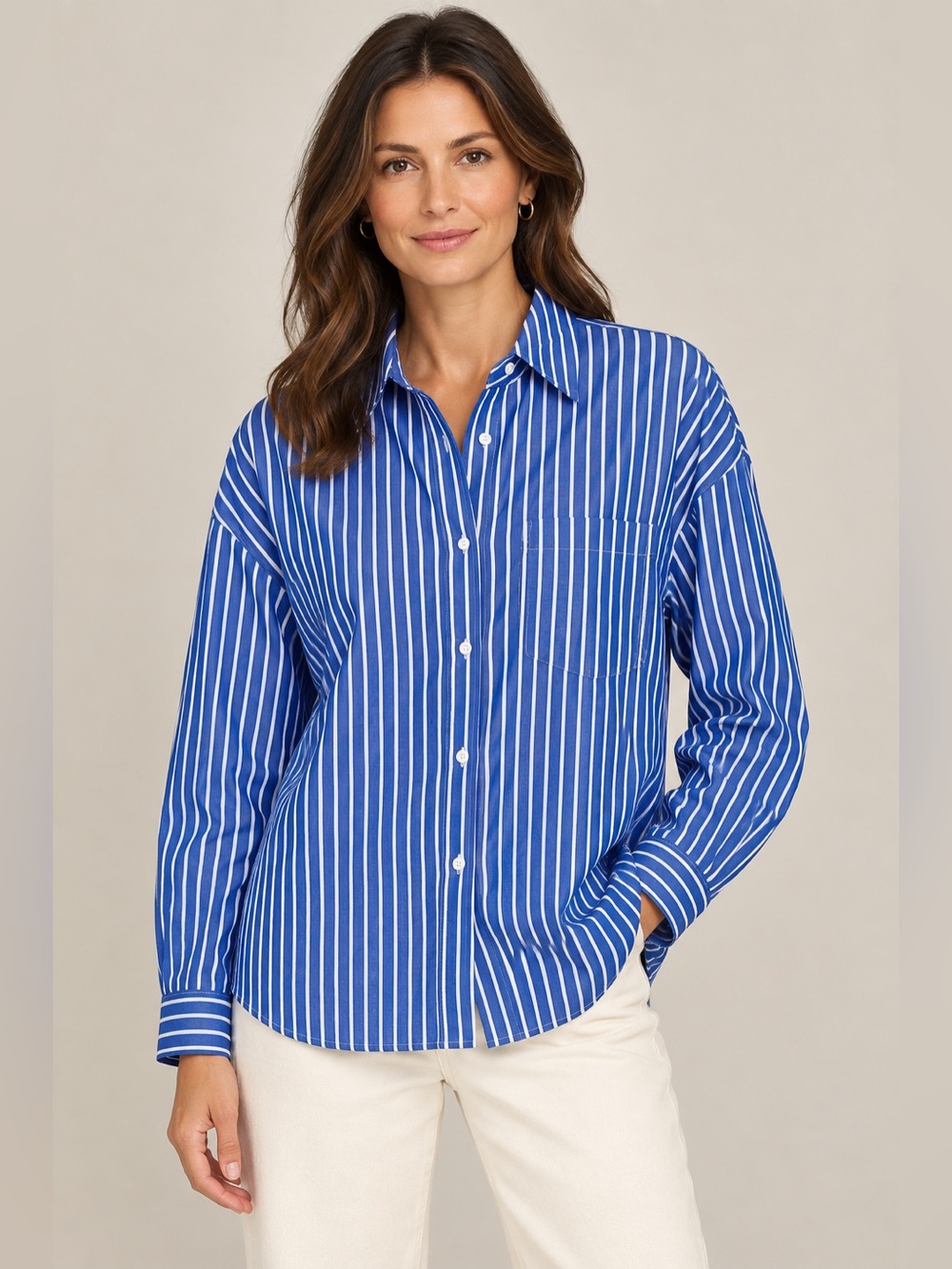 Mango Blue & White Vertical Stripe Button-Down Shirt - Sz 6